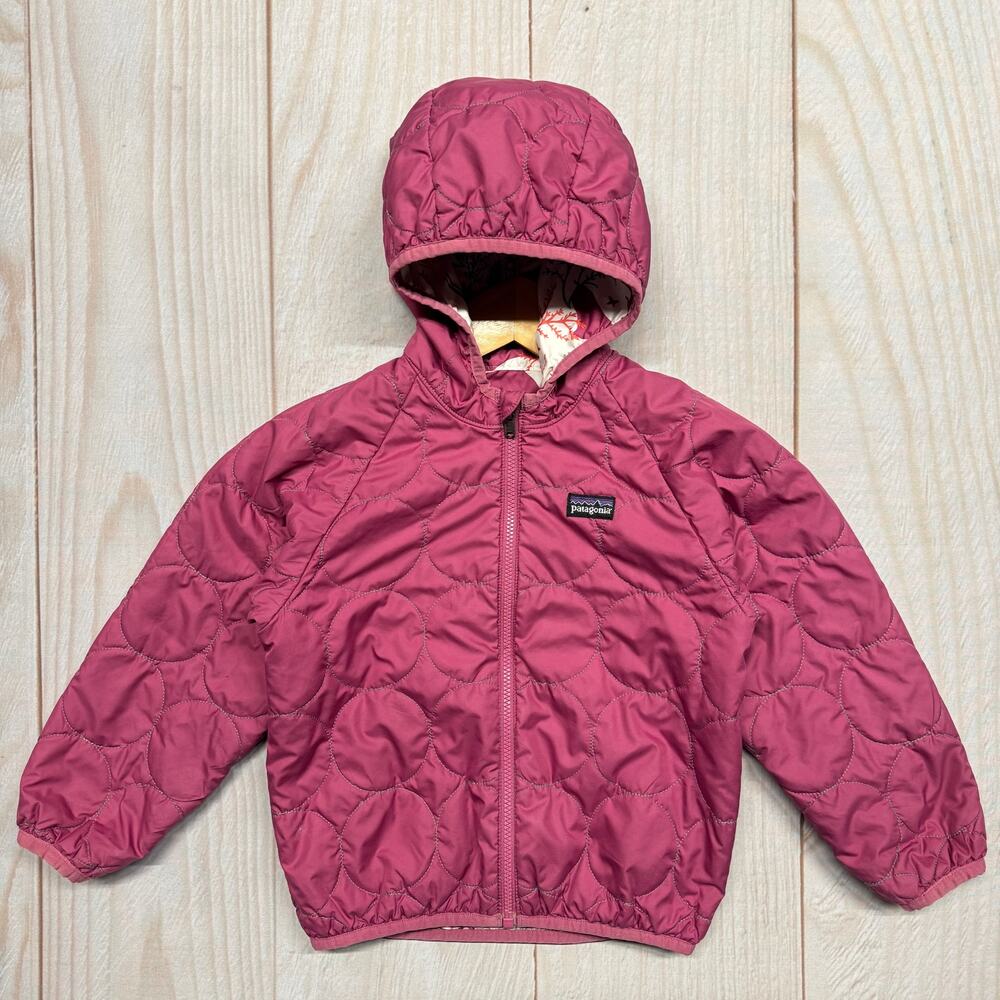 Patagonia Baby Girls Toddler 4T?? Reversible Puff-Ball Hooded Jacket Pink Deer - Picture 4 of 7